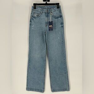 MEGA JEANS WIDE LEG DISTRESSED LITE BLUE TRADITIONAL FIVE POCKET STYLE‎